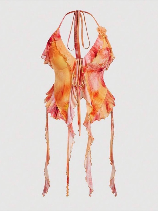 SHEIN Tops - SHEIN Pink Orange Floral Ruffled Halter Tank Top
